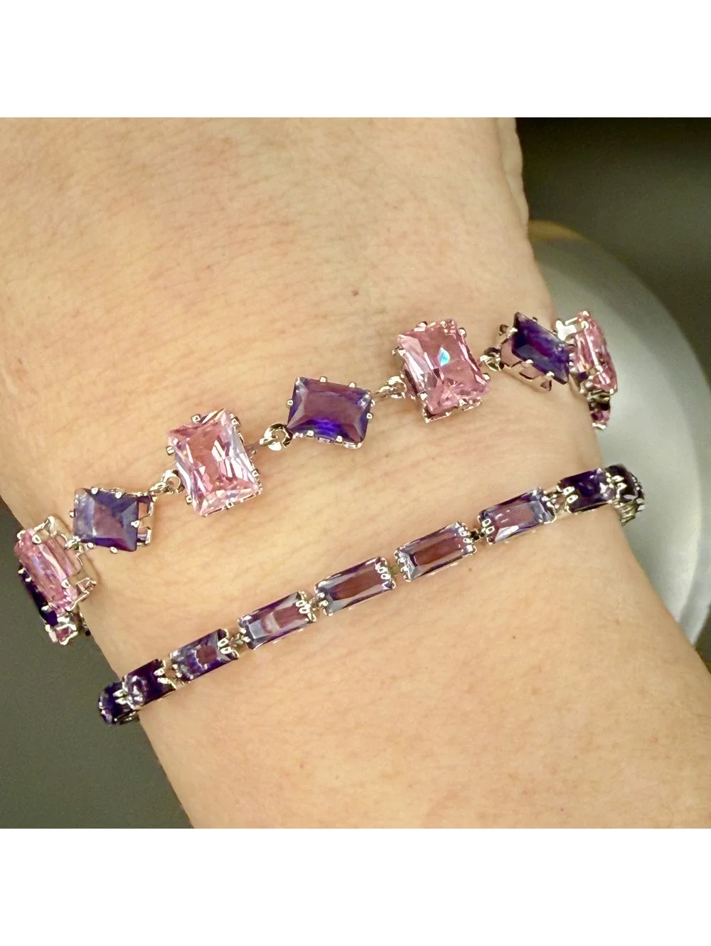 candy+clover amethyst and pink crystal 1white gold plated bracelet stack
